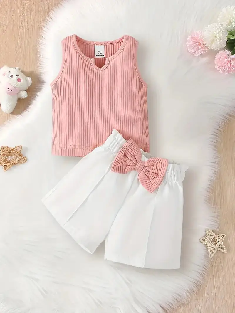 Cute Baby Girl Outfit - Pit Strip Collared Bow T-shirt and White Bow Shorts Set for Summer Outings