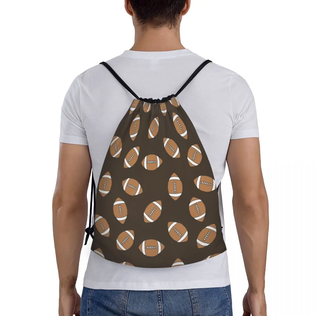 American Football Doodle Pattern Drawstring Backpack Women Men Gym Sport Sackpack Portable Rugby Ball Shopping Bag Sack