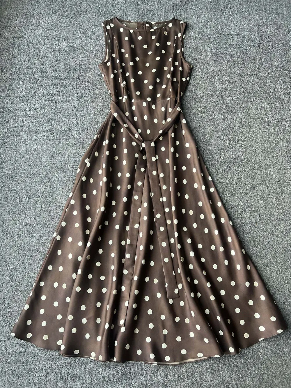 

26 Summer Polka-Dot Print Silk Dress Women Waisted Lace up Vest Mid-Long Skirts