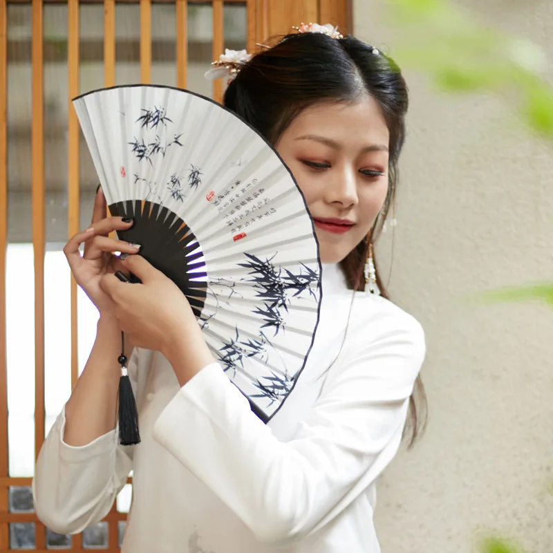 Chinese style portable tassel 23cm small folding fan, blue and white porcelain ink folding fan (hand fan)