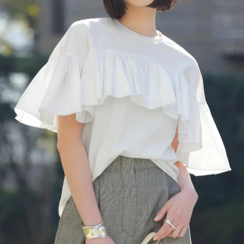 

Новая летняя женская футболка с короткими рукавами из чистого хлопка с рюшами и нерегулярным дизайном, топ