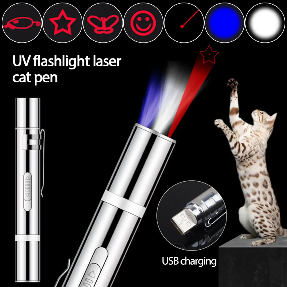 Convenient mini built-in battery USB rechargeable cat teasing laser pen uv flashlight red and green light pen