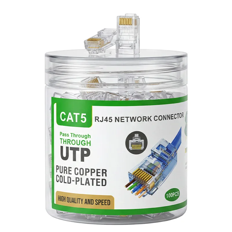 Through-type CAT5 RJ45 Modular Plug UTP Unshielded Cold Plated Contact Network Crystal Connector for Home & CCTV Project
