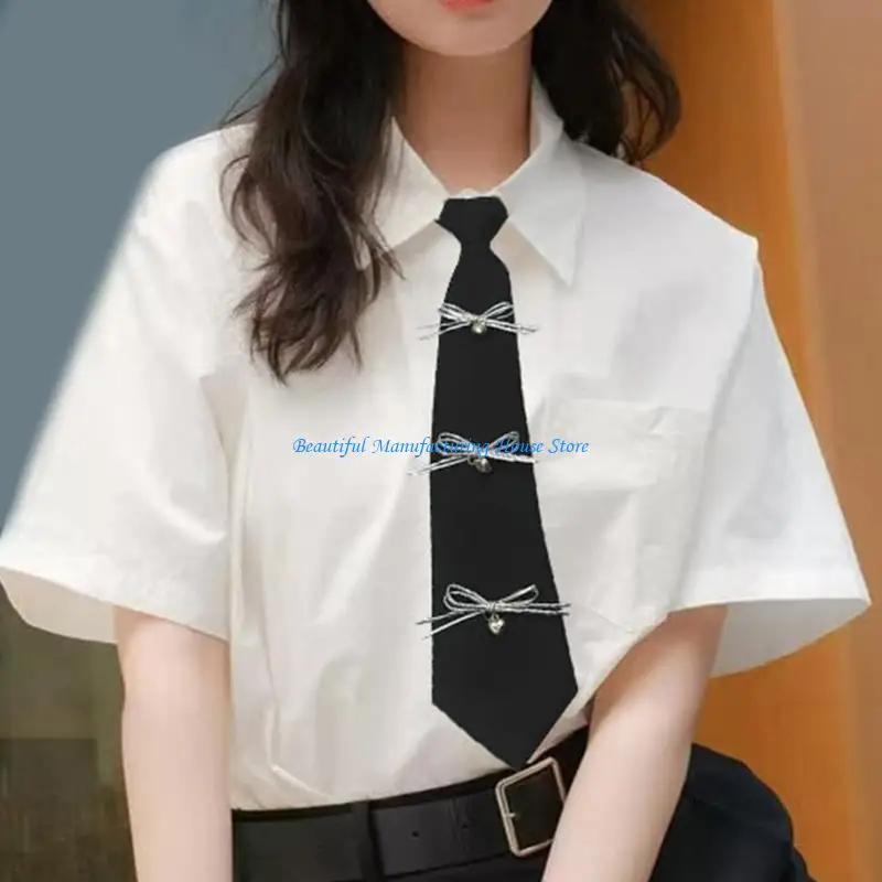 E56A Pre Tied Necktie Adjustable Strap with Silver Bows Embellishment For Women Girls