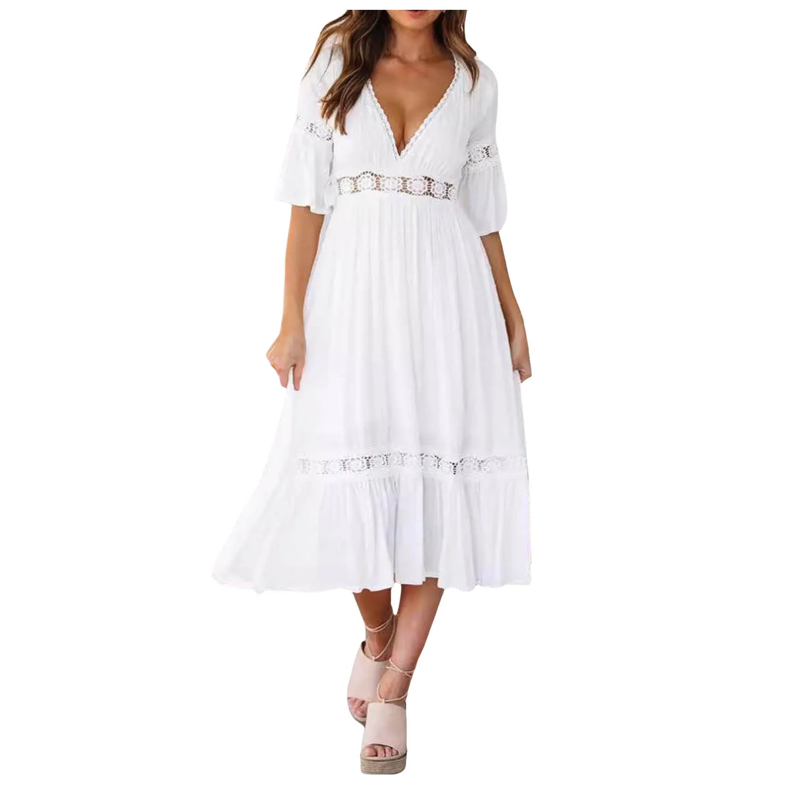 Weißes langes Kleid Frauen Sommer Boho Spitze Kleider weibliche Strand Urlaub aushöhlen Kleid Damen elegante Vintage lose Vestidos