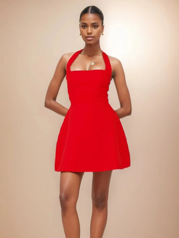 Summer New Women\'s Solid Color Halter Strap Dress women clothing 2024 New Fashion Dress for Women Backless Mini Red Party Dress