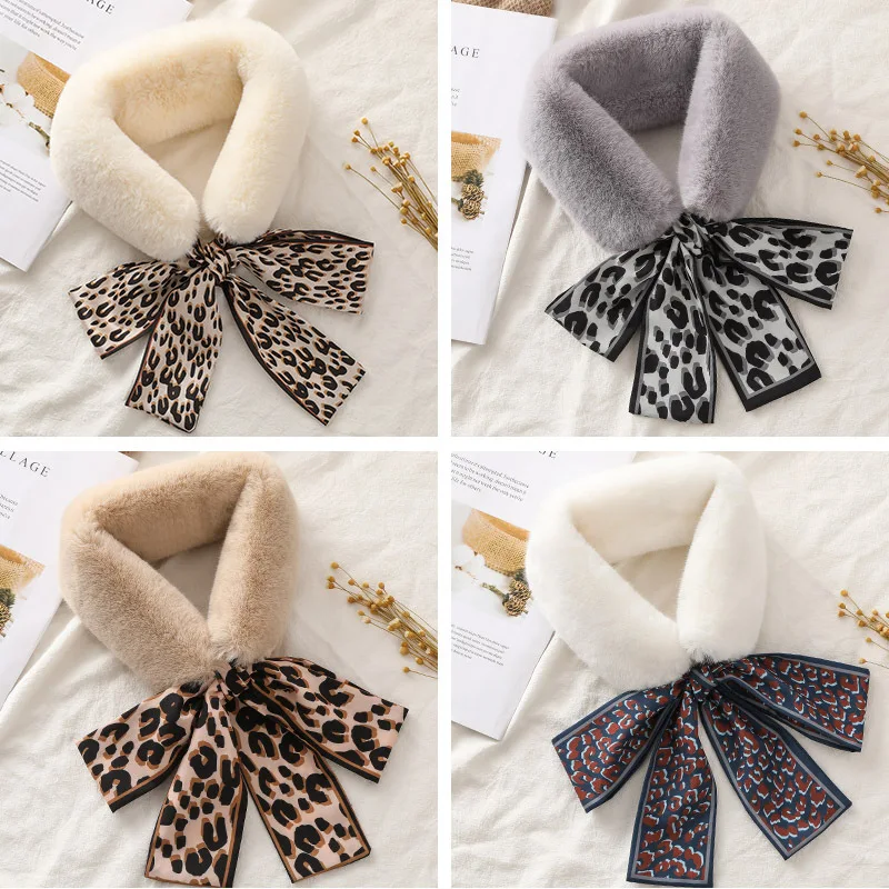 Fashion Leopard Print Ribbon Women Faux Fur Collar Scarf Cartoon Printed Soft Plush Collar Neck Warmer Girl Long Silk Shawl J26