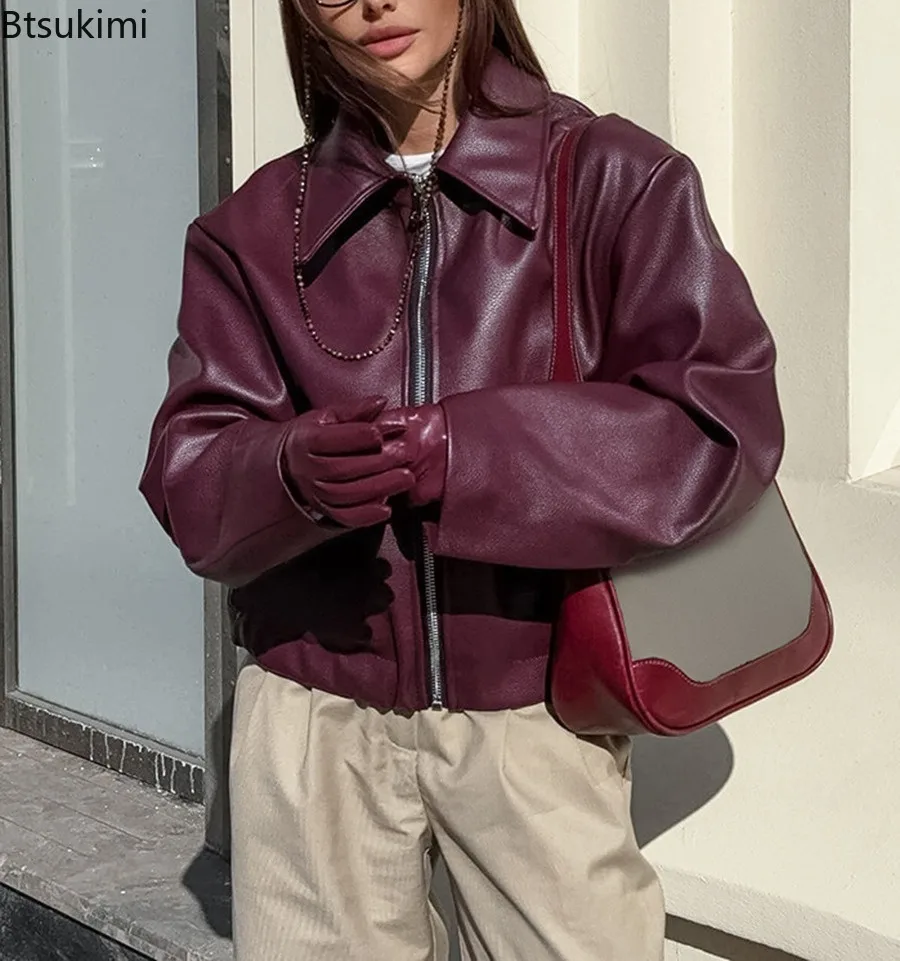 Women Retro Lapel Faux Leather Short Jacket Zipper Long Sleeve Wine Red Coat Autumn New High Street Fashion Outerwear for Ladies