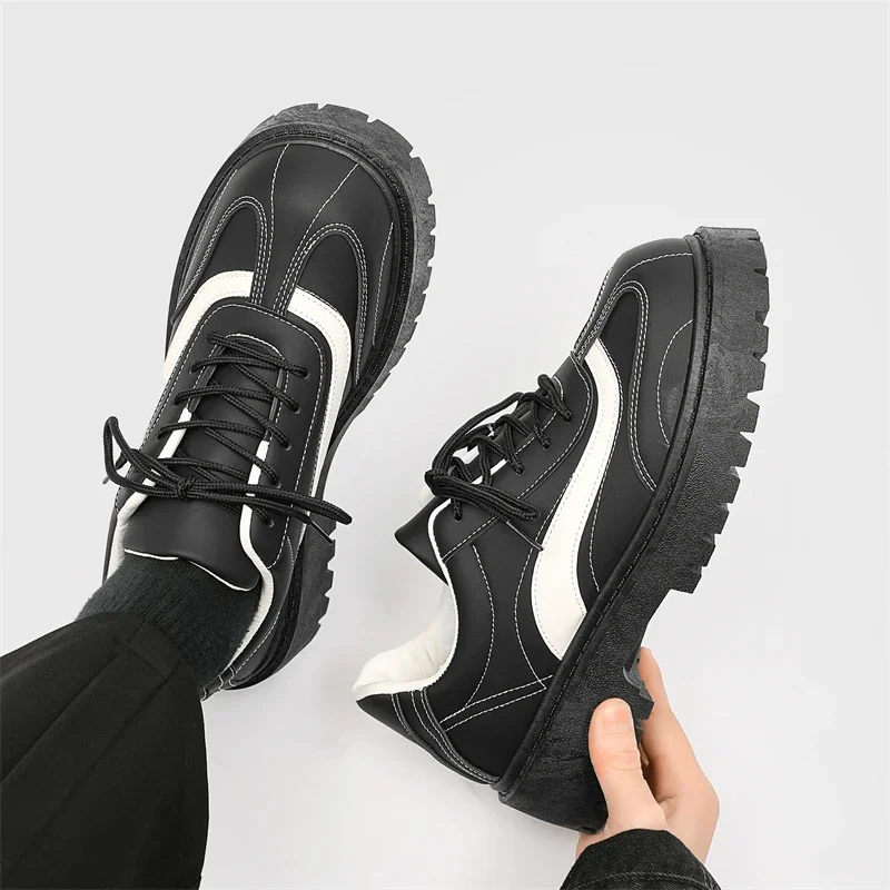 British Thick Soled Raised Casual Big Toe Leather Shoes 2024 Spring New Low Cut Casual Men's Open Line Derby Trendy Shoes