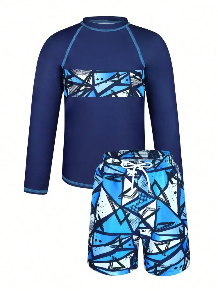 Boy Kids Swimsuit 2026 New Solid Geometric Figures Long Sleeves Children Swimwear Summer Beachwear Shorts Bathing Suit Swimming