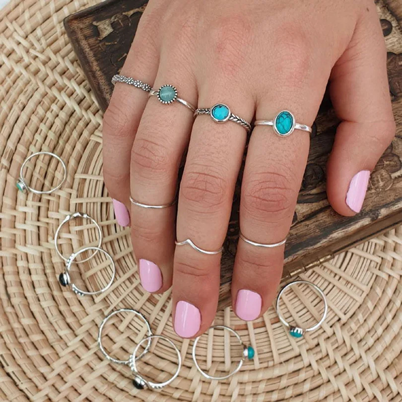 1pc Boho Türkis Ringe Hippie Edelstahl blau Edelstein Silber Farbe verstellbarer Ring Frauen klobige Ringe böhmischen Schmuck