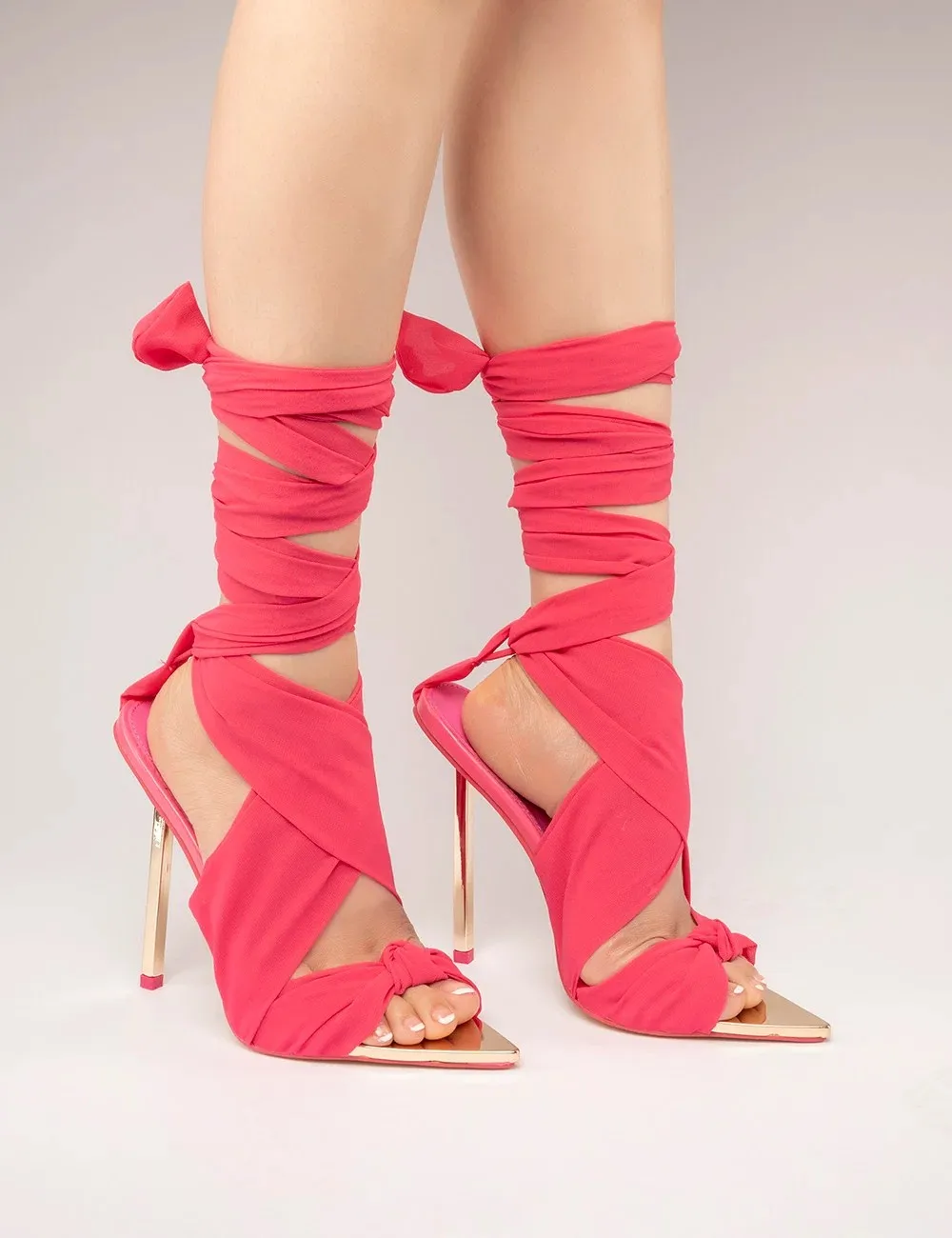 Women Pointed Toe Chiffon Tie-Up High Heel Sandals Bow Knot Ankle Wrapped Strap Metal Thin Stiletto Heel Evening Party Shoes