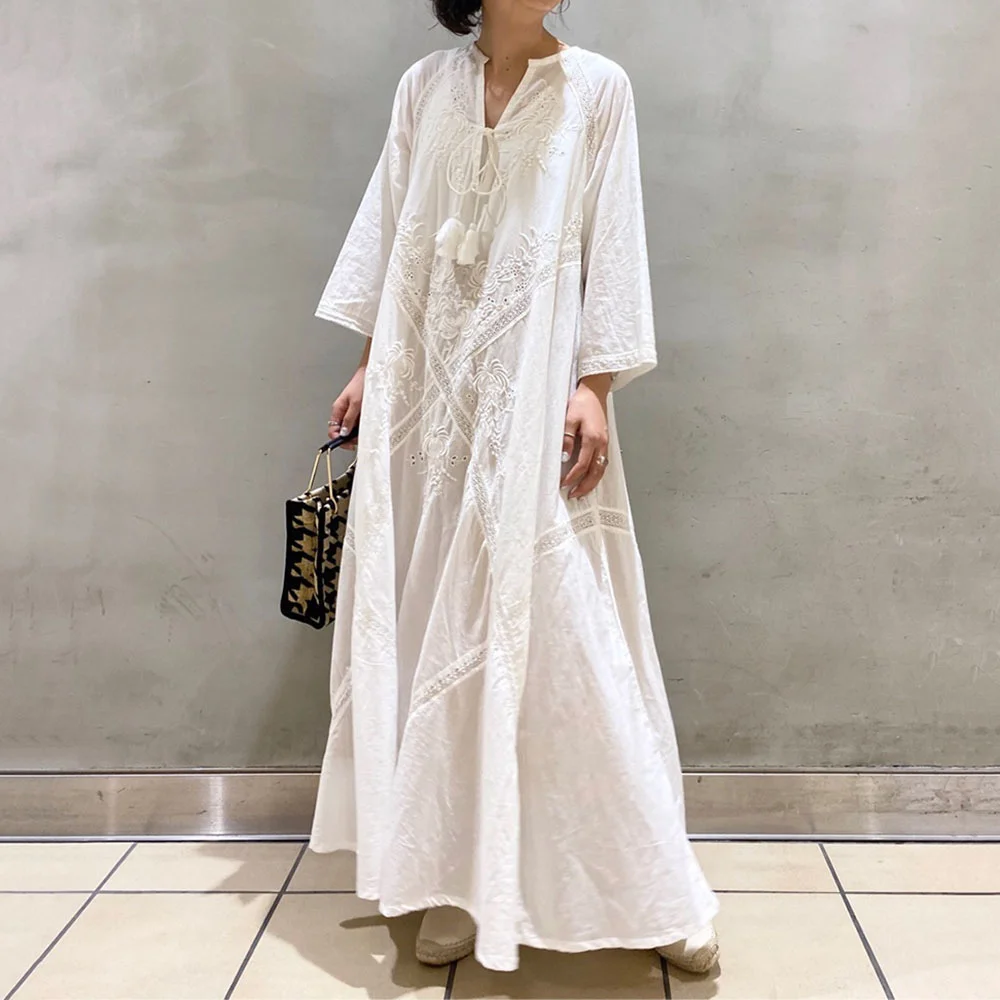 Loose Embroidery White Lace V-Neck Long Beach Dress 2022 Summer Boho Women Maxi Dress Elegant Dress Holiday Women Clothing