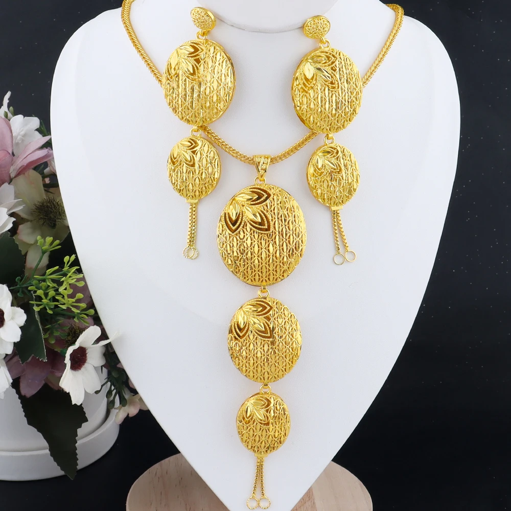 

Luxury Indian Gold Color Jewellery Set Fashion Earrings Necklace Set Gift For Women Dubai Arabic Gifts For Wedding Bridal Party