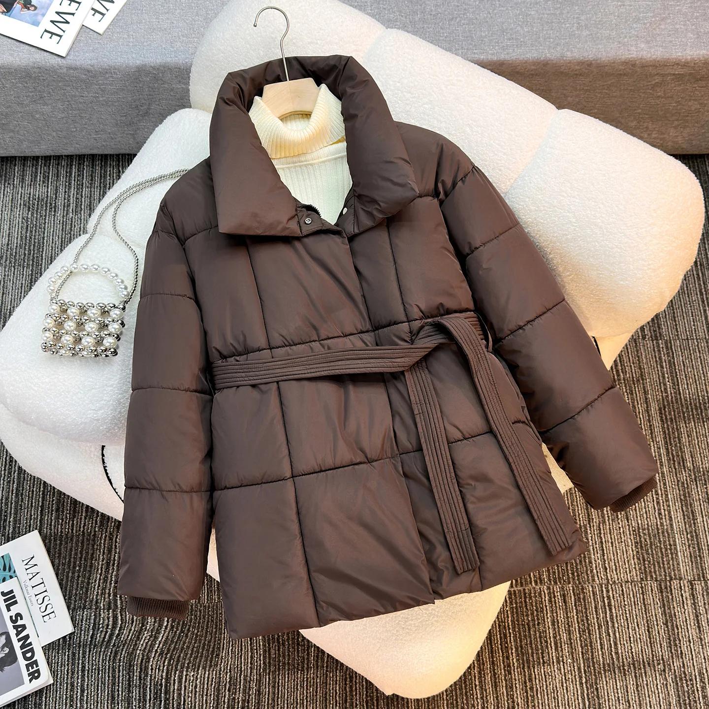 جديد الشتاء Thiened القطن Jaet الخصر Cinched لون نقي ملابس خارجية تأثير التخسيس تخفيف Sle طويل Sve سستة إغلاق #2