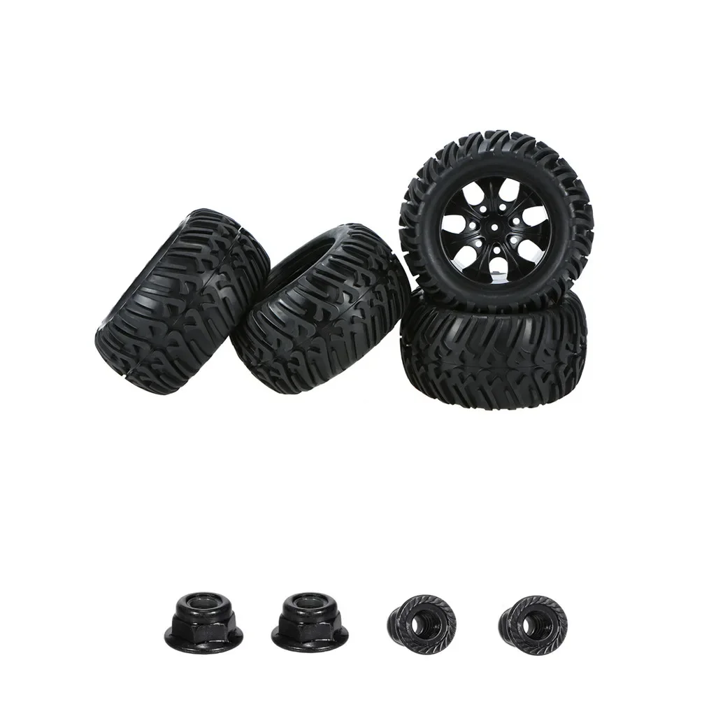 4pcs 125mm Rubber 1/10 RC Monster Truck Tires and Wheel Rims 12mm Hex With Nylon 4mm Lock Nuts For Trxs Himoto HSP HPI Redcat