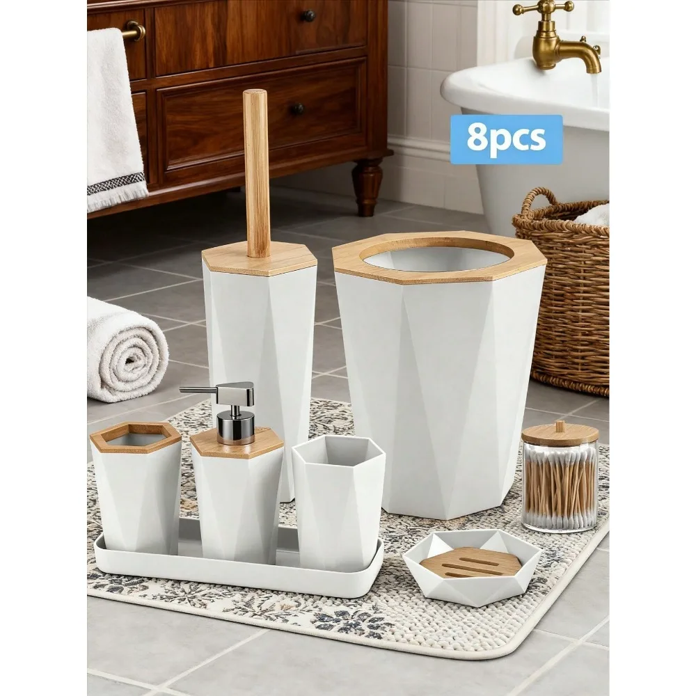 

Набор аксессуаров для ванной комнаты, включая туалетную щетку, мусорное ведро, держатель для зубных щеток, дозатор для мыла, мыльницу.