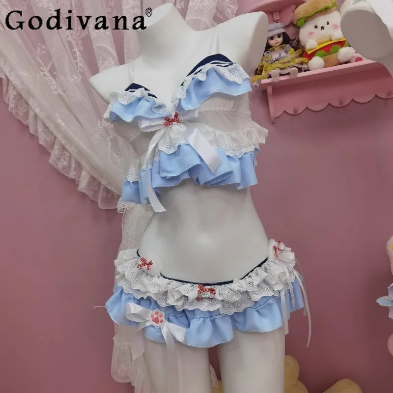 مثير الرغبة النقية أعلى السراويل مجموعة النساء الحلو الأصلي لطيف أعلى البسيطة السراويل الإناث الأبيض الأزرق قطعتين ملابس قصيرة الصيف