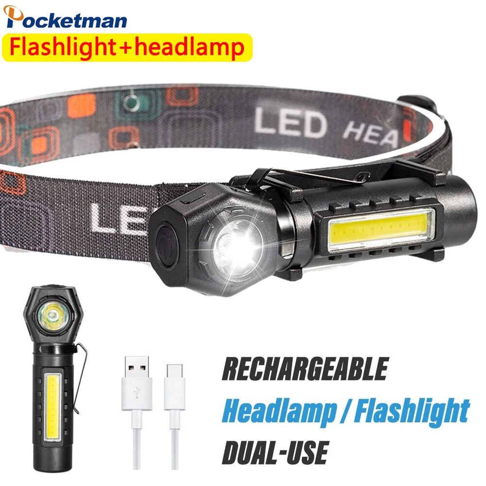 2In1 LED Headlamp USB Rechargeable 18650 Flashlight Camping Fishing Head Torch Tail Magnetic Repair Work Light with Pen Clip