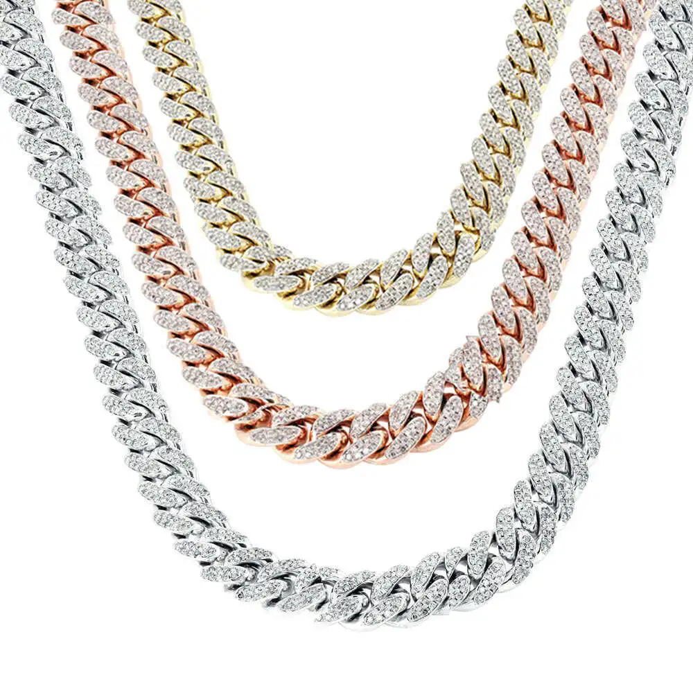 

2rows 15mm Wide Cuban Necklace and Bracelet Handmade Insert Vvs Moissanite Sterling Silver Cuban Link Chain