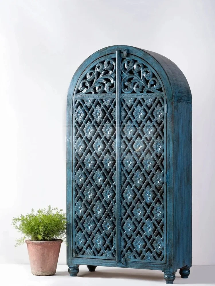 Hollow carved solid wood wardrobe, retro entrance locker opposite door