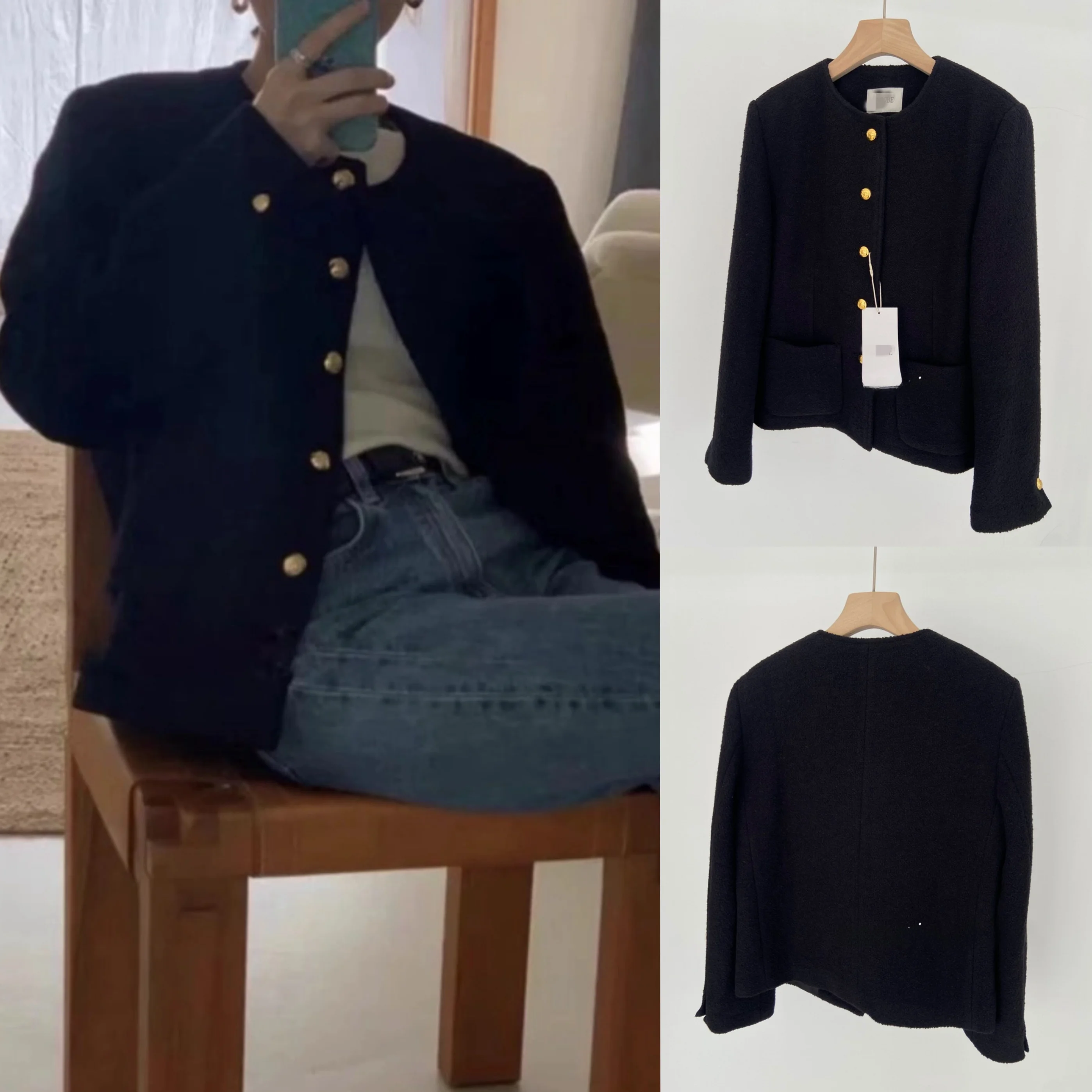 

LERO*E Meina 2025 Spring Classic ature Woolen Tweed Retro Gold Button Versatile ort Jaet Ele Loose Fit Long Sve