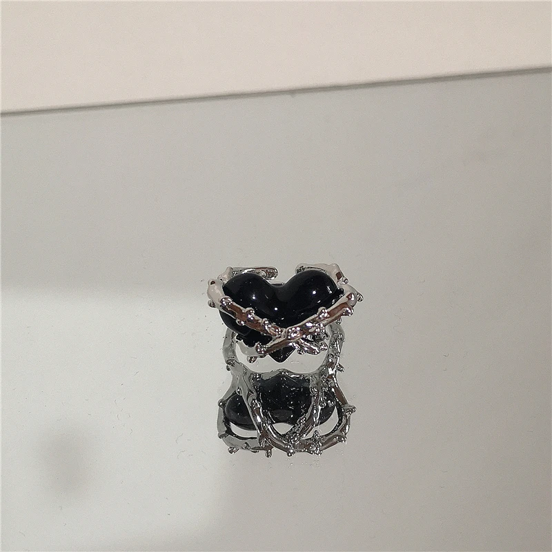 Punk Harajuku Goth Dornen Schwarz Silber Farbe Unregelmäßige Herz Kreuz Offenen Ring Für Frauen Männer Liebhaber Vintage 90er Jahre Y2K Grunge Jewely