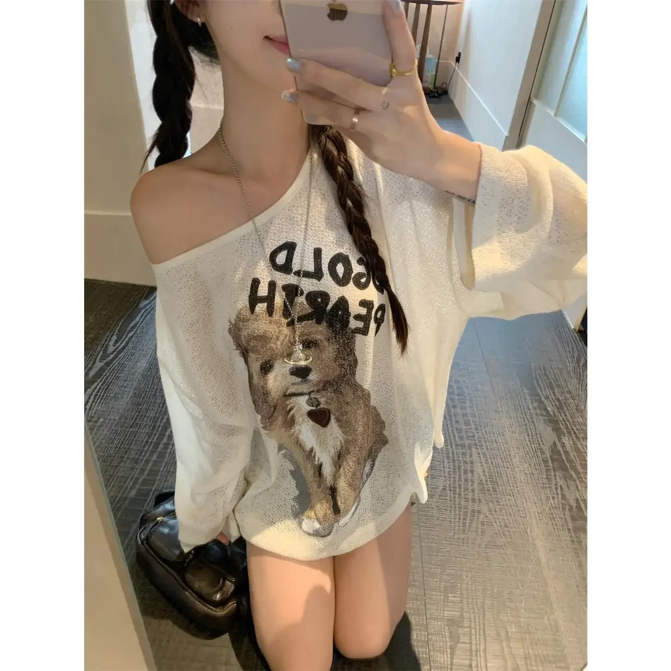 Sle Spicy Girl Diagonal Oulder Long Sve T-irt Women's Loose Medium Length Thin Cover-up Summer New Print