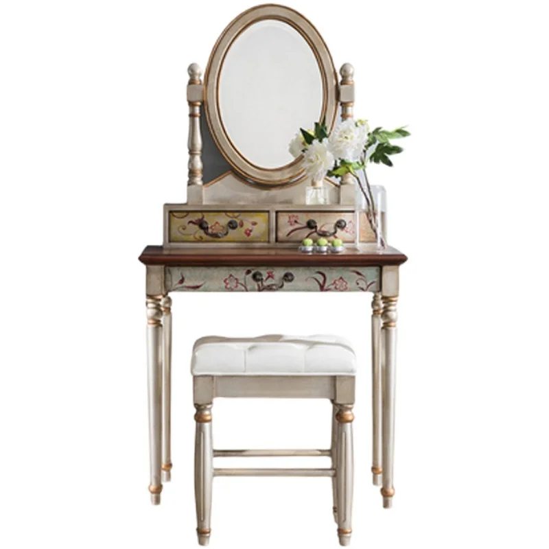 

American painted retro boudoir dressing table, bedroom makeup stool set, art multi-functional dressing table