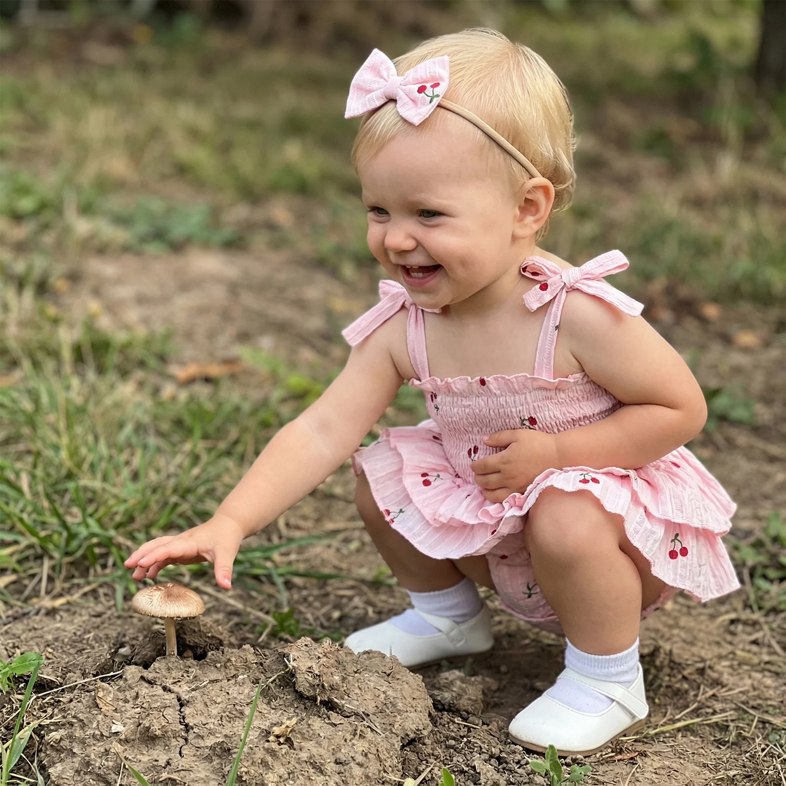 Baby Girl Summer Romper Dress Cute Cherry Print Sleeveless Tie-up Smocked Jumpsuit Bow Headband 2 Piece Set
