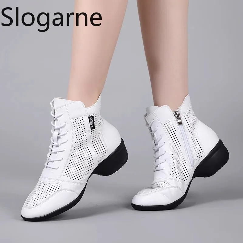 New Leather Ankle Dance Boots Women Soft Latin Jazz Waltz Social Dance Shoes Ladies Pole Dancing Boots 4CM Heels Sports Shoes