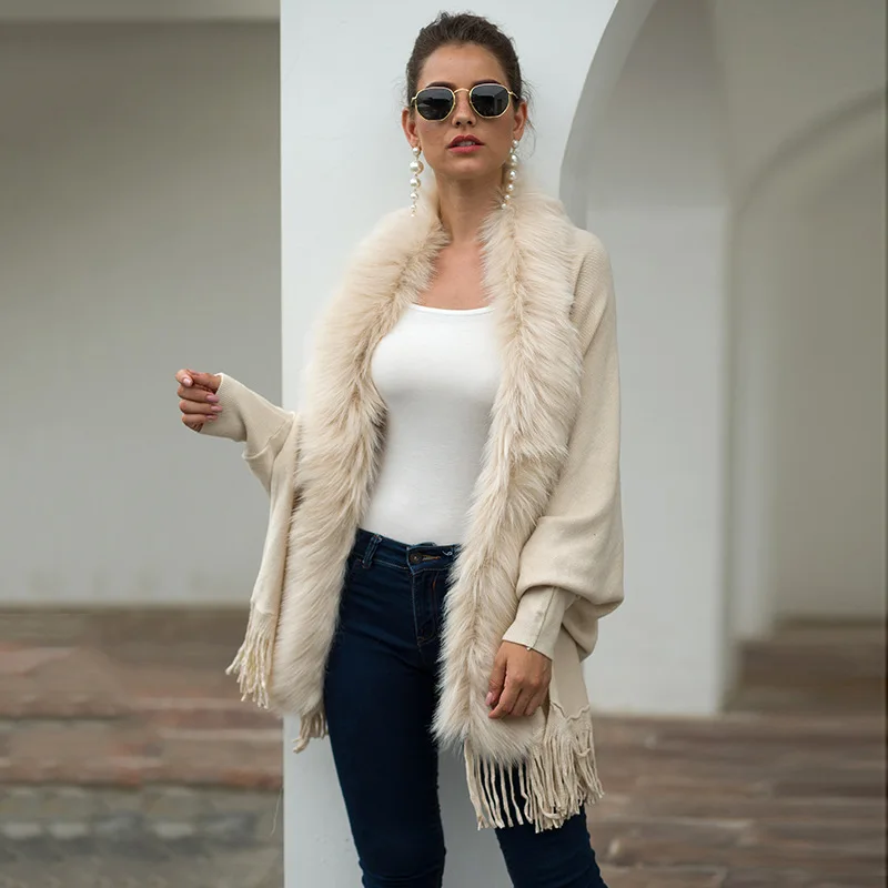 

Faion Tassel Cape awl Fur Collar Plain Cardigan Long Sve Women's ort Outerwear Ele Simple Color Outerwear