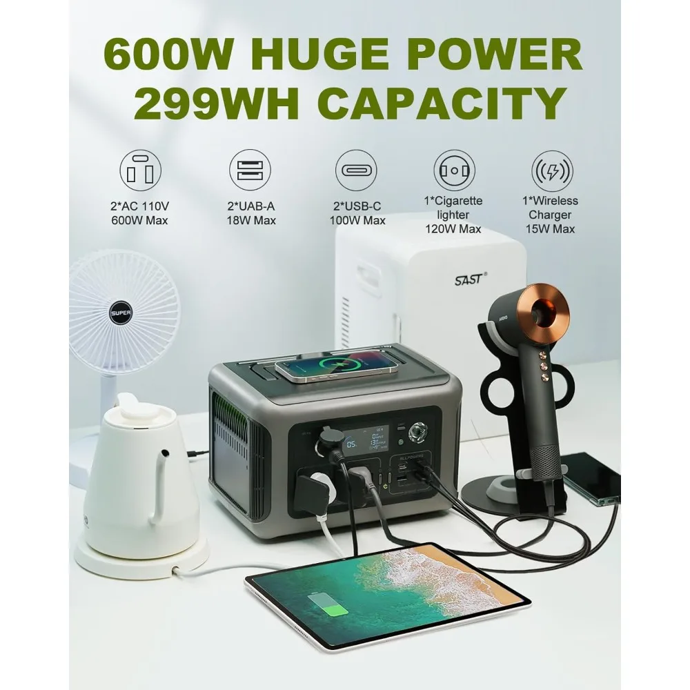 Estação de energia portátil ultra silenciosa, 299Wh 600W LiFePO4 Bateria Backup Fonte de alimentação, com função UPS, MPPT Gerador Solar