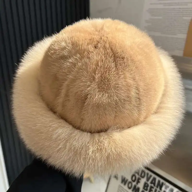 Real Mink Fur Hat For Women Winter Natural Mink Fur Hat With Fox Fur Brim Female Fashion Fisherman Hat Thicked Fur Bomber Hat view 5
