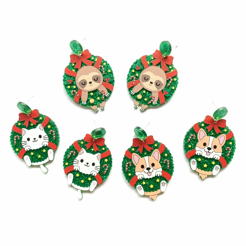 Cute Cartoon Bow Glitter Powder Wreath Animal Christmas Earrings For Women Xmas Cat Sloth Kirky Dog Acrylic Drop Earring Party