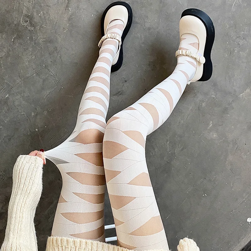 JK Lolita Thigh High Stockings Tights Women Y2k Girls Bandage Striped Pantyhose Women Tights Lingerie Sexy Pantyhose Nylon Tight