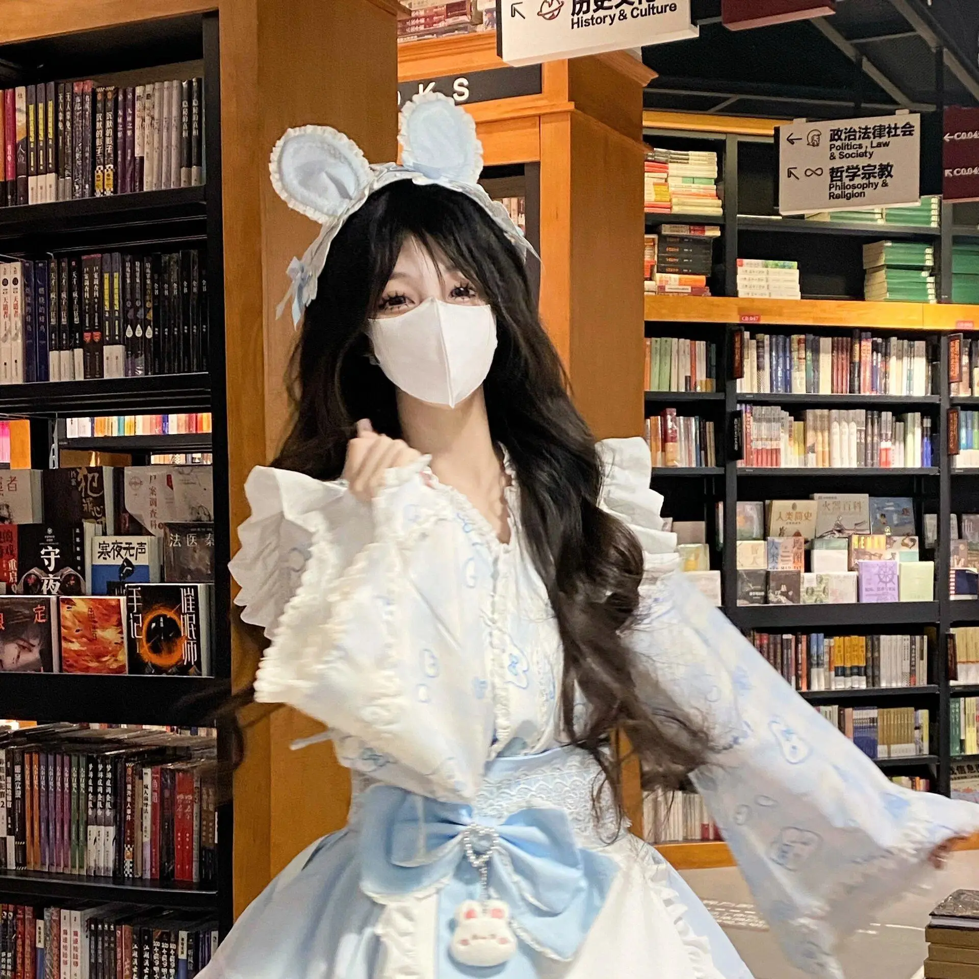 Dophee Japan Stylee Lolita Dress Sets School Girl Maid Japanese Dress Cartoon Printed V-neck Flare Sleeve Sweet Women Kimono