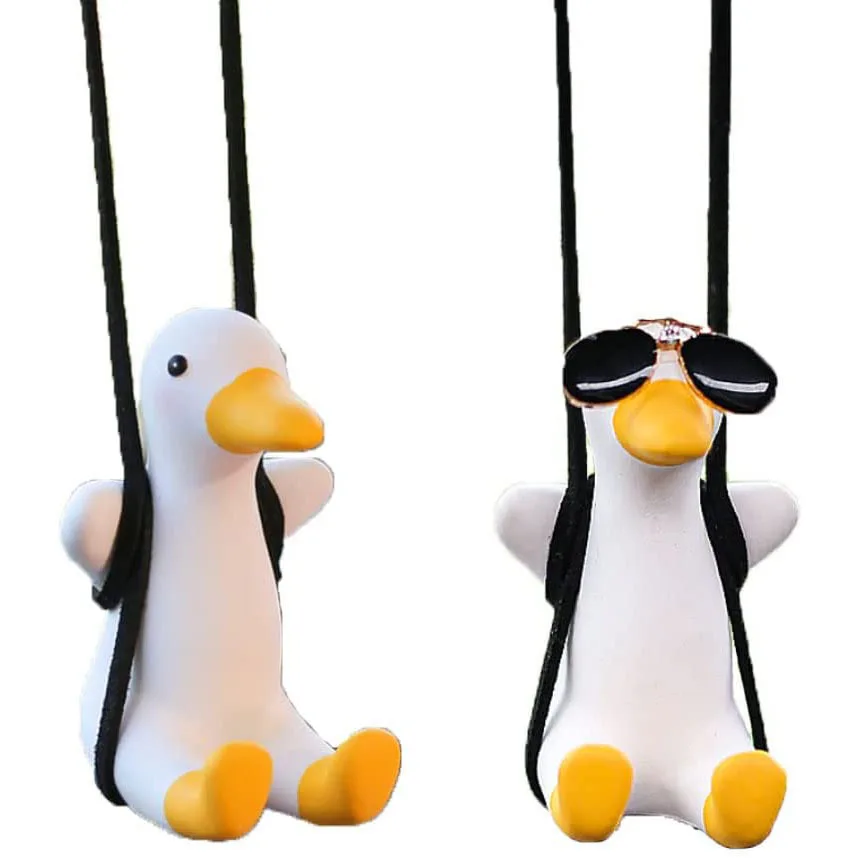 New Cute Little White Duck Car Pendant Creative Fun Cool Swinging Duck Rearview Mirror Decorations Hanging Ornaments