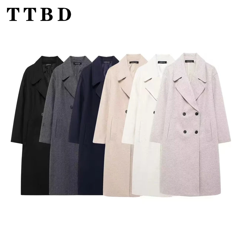 

TTBD 2024 New Autumn Winter Women's Streetwear Casual Long Sleeve Double Breasted Coat Ladies Fashion Chic Loose Overcoat