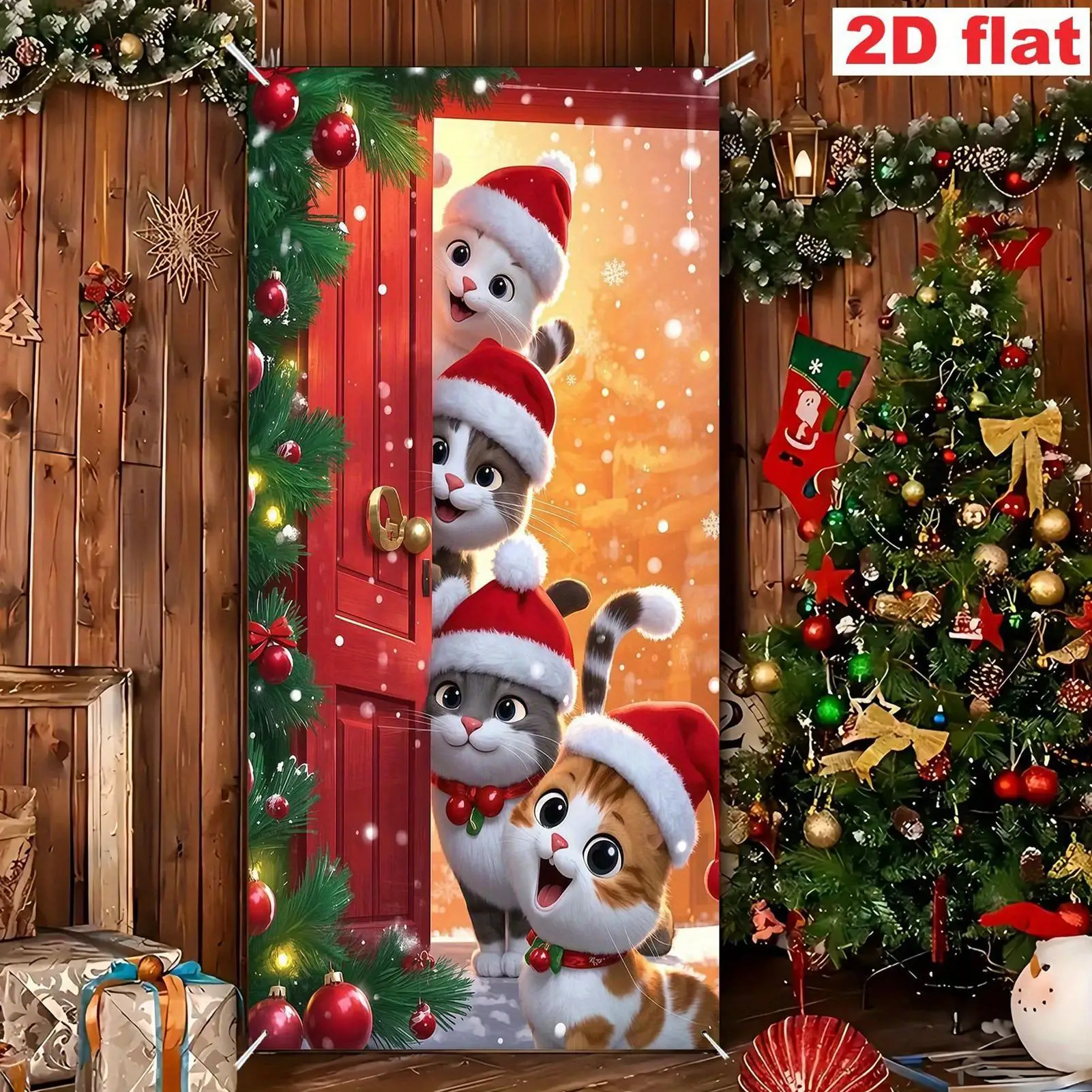 Christmas Front Door Cover Cute Reusable Waterproof Four Cats Christmas Door Banner Holiday Decor For Indoor Outdoor Office