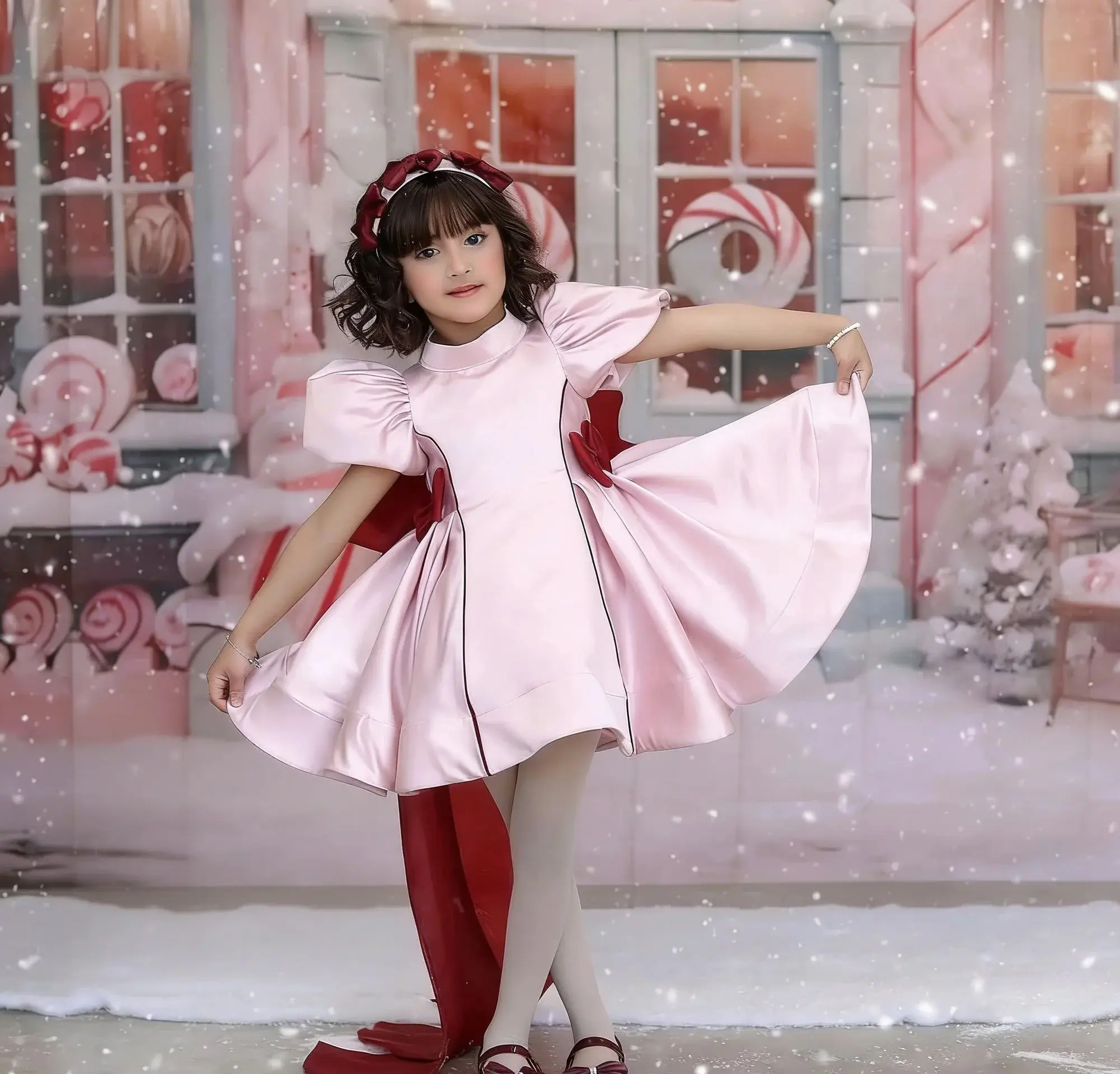 فساتين فتاة الزهور الساتان المخصصة لحفلات الزفاف برقبة عالية مع أقواس حمراء بطول الركبة لعيد ميلاد الفتاة فساتين التواصل الأول