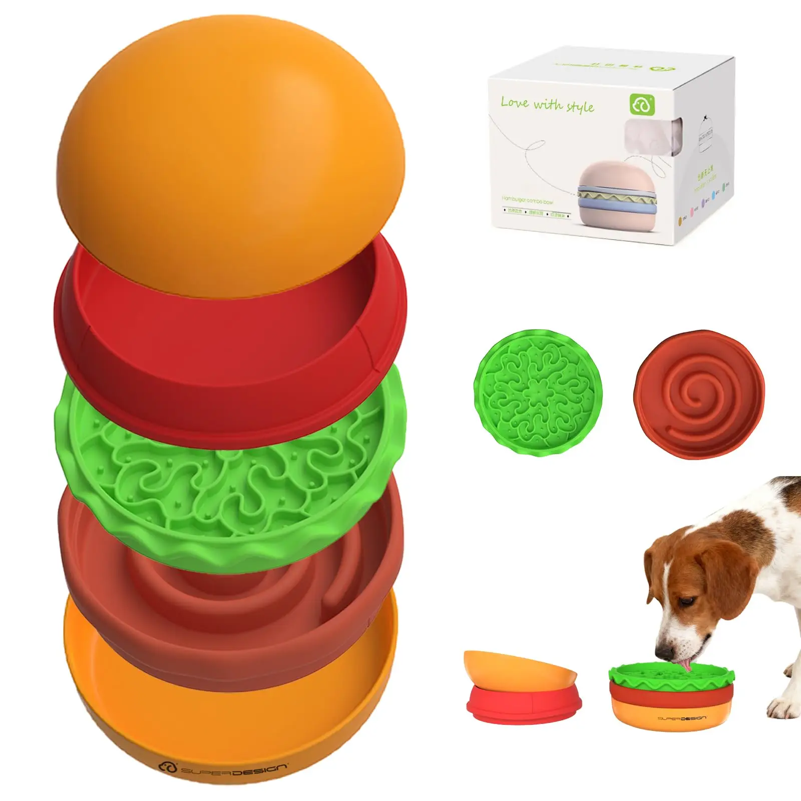 5-in-1 Dog Bowls Set, 6.1 inch Cute Colorful Hamburger-Shaped Dog Food Bowl Stackable for Easy Storage and Travel, Cat Bowls