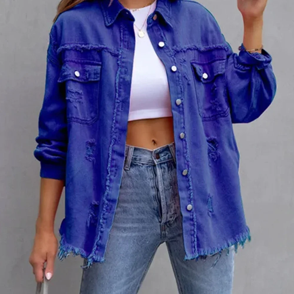 

Women Ripped Denim Jacket Spring Casual Distressed Jean Long Sleeve Tops with Pockets Ladies Tassels Solid Coat Loose Outwear