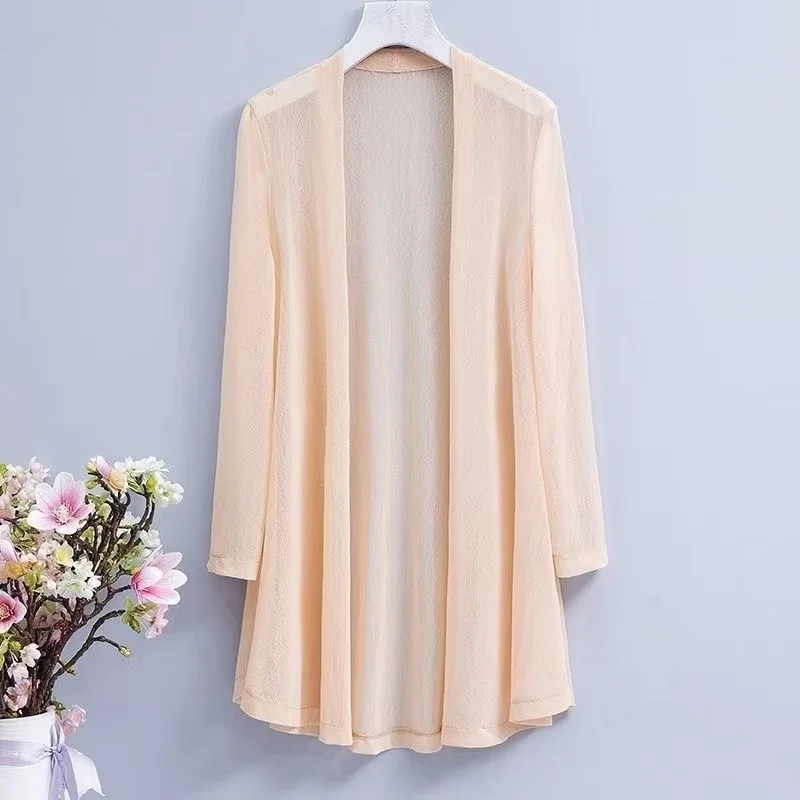 2025 Cardigan maglione lungo casual da donna coreano con protezione solare, morbido, confortevole, semplice, solido, formato libero, cardigan sottile allentato