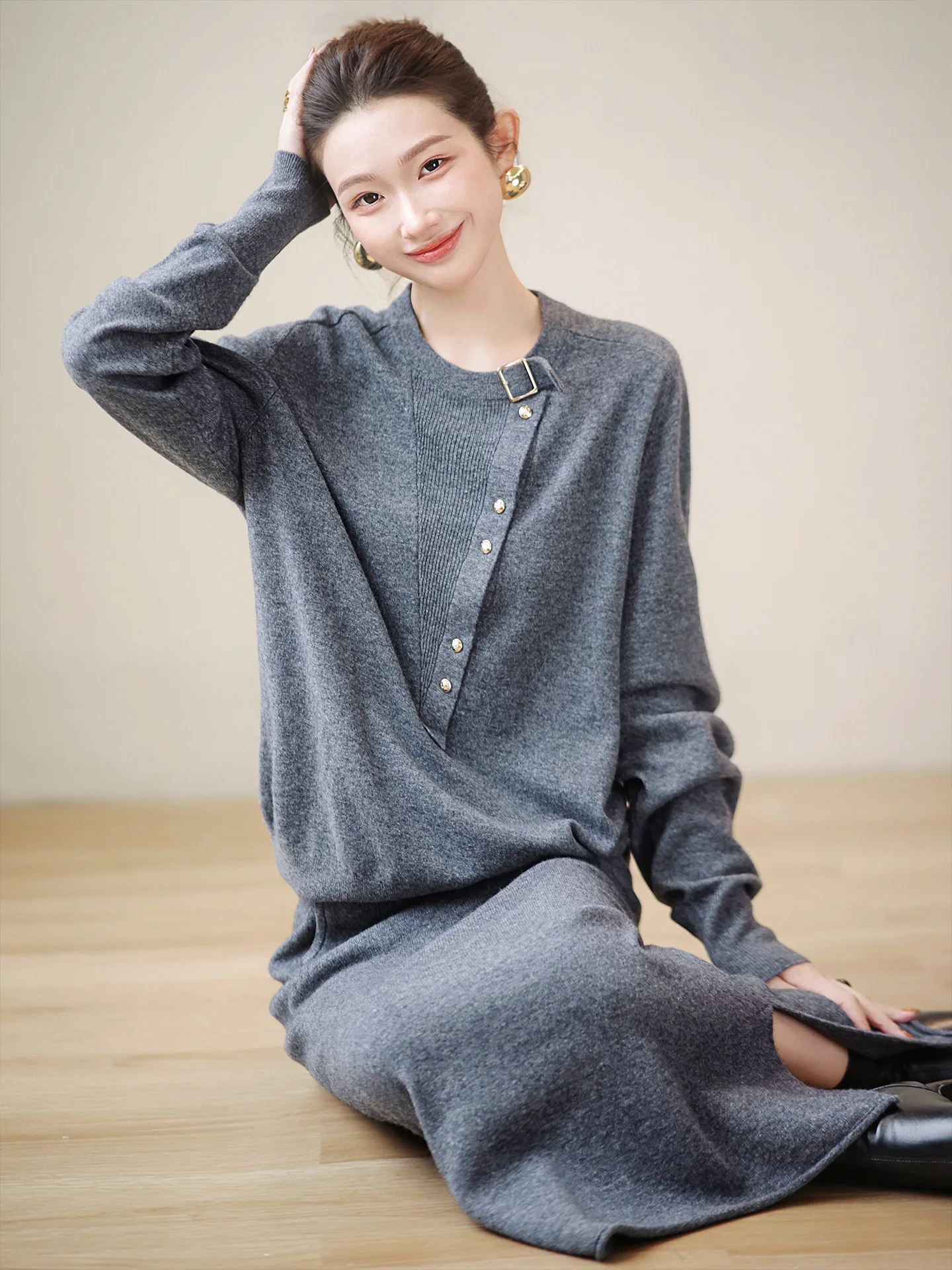 

Soft Cozy 00 Wool Knitted Set round Ne Metal Bule Women's Faion Commute Sle Long Sve Knitted Sweater Set