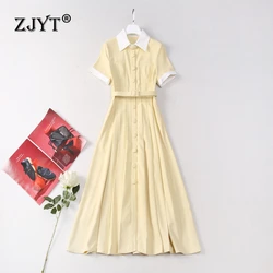 ZJYT Elegant Women's Summer Midi Dress 2024 Fashion Short Sleeve Single Breasted Yellow Casual Holiday Dresses Pleats Female New