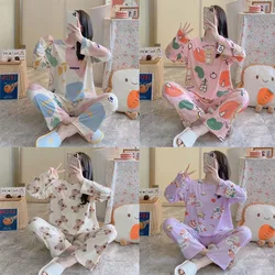 Two Pcs Set Spring and Autumn Long-Sleeved Pajamas Girl Cartoon New Long-sleeved Cute Students Can Wear Thin Loungewear