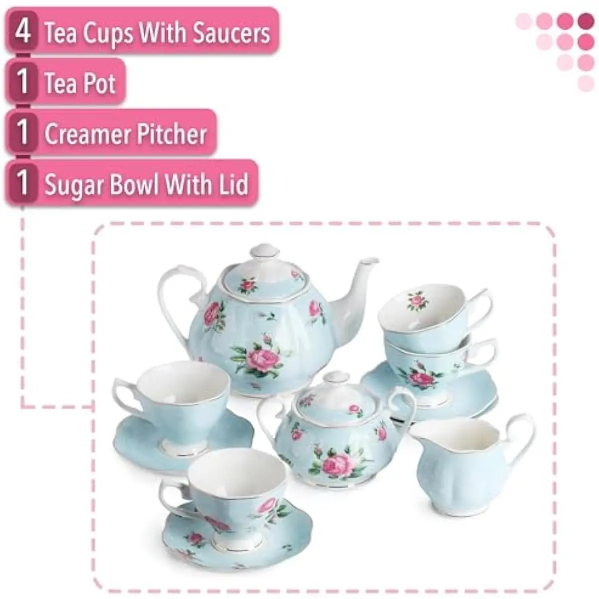 13-Piece Pastel Blue Floral Porcelain Tea Service for Four: Teapot 38 oz, Four 8 oz Cups with Matching Saucers, Creamer, Sugar B