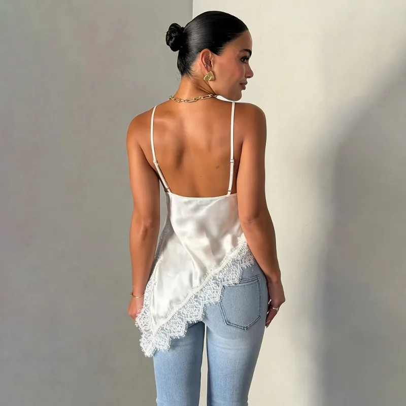 Chic 2026 Sexy Spicy Girl Women's Lace Patchwork Backless Camisole Vest Summer Street Style Irregular Sleeveless Casual Top New