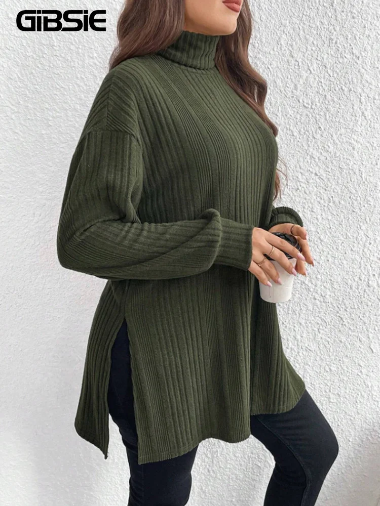 Gibsie Plus Size Coltrui Lange Mouw T-Shirt Vrouwen 2024 Winter Nieuwe Mode Side Split Rib-Gebreide Casual Zwarte Lange T-Shirts Tops